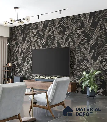 Mid-century modern living room with black tropical wallpaper and grey polished floor tiles of 3 BHK apartment in Garuda Royal Homes KR Puram in Bengaluru