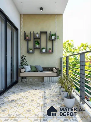 Modern balcony with patterned floor tiles and wooden swing seating in 3 BHK apartment Gm Infinite Silver Spring Field Hesarghatta Road Bengaluru