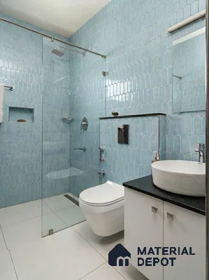 Modern bathroom with pastel blue scallop wall tiles and white floor tiles in 3 BHK apartment Gm Infinite Silver Spring Field Hesarghatta Road Bengaluru
