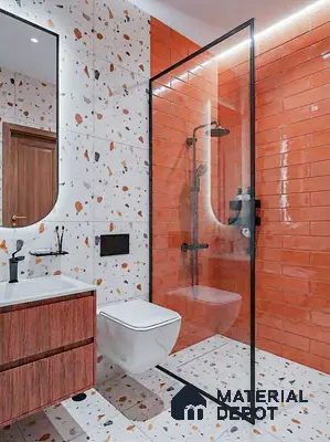 Modern bathroom with terracotta subway wall tiles and terrazzo floor and wall tiles in 3 BHK apartment Gm Infinite Silver Spring Field Hesarghatta Road Bengaluru