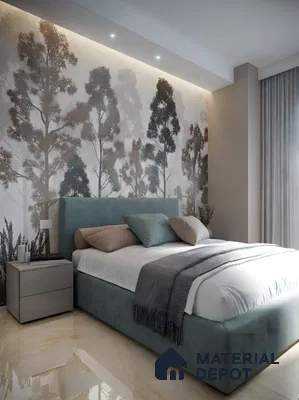 Modern bedroom with nature-inspired wallpaper, suede upholstered bed, and beige marble floor tile in 3 BHK apartment Gm Infinite Silver Spring Field Hesarghatta Road Bengaluru