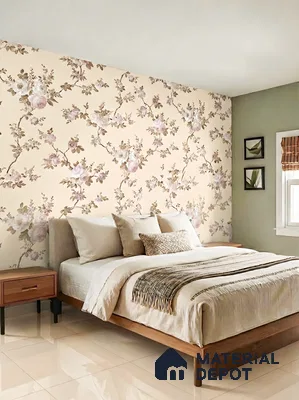 Scandinavian bedroom with floral wallpaper, light wood bed, and glossy beige floor tiles in 3 BHK apartment Gm Infinite Silver Spring Field Hesarghatta Road Bengaluru