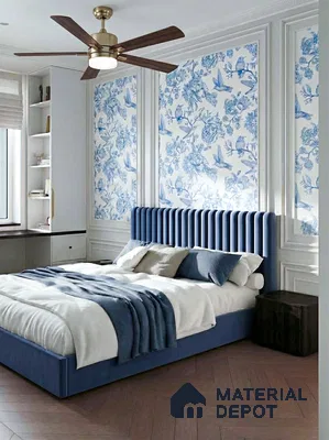 Modern bedroom with blue chinoiserie floral wallpaper, velvet upholstered bed, and herringbone wooden flooring in 3 BHK apartment Gm Infinite Silver Spring Field Hesarghatta Road Bengaluru