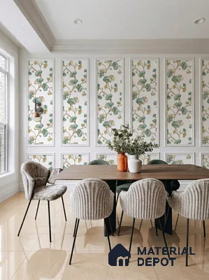 Modern dining room with floral wallpaper panels and beige polished floor tiles in 3 BHK apartment Gm Infinite Silver Spring Field Hesarghatta Road Bengaluru