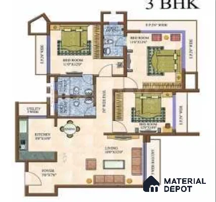 Modern 3BHK apartment floor plan with modular kitchen, tiled bathrooms, and wooden wardrobe spaces in 3 BHK apartment Gm Infinite Silver Spring Field Hesarghatta Road Bengaluru