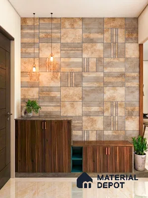 Modern foyer with geometric beige wall tiles and walnut wood laminate cabinets in 3 BHK apartment Gm Infinite Silver Spring Field Hesarghatta Road Bengaluru