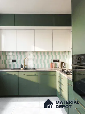 Modern dual tone kitchen with olive green laminate, frosty white laminate, and mint green geometric backsplash tile in 3 BHK apartment Gm Infinite Silver Spring Field Hesarghatta Road Bengaluru