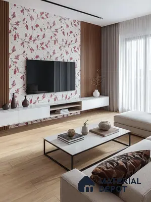 Modern living room with floral wallpaper, wooden louvers, and marble-look surfaces in 3 BHK apartment Gm Infinite Silver Spring Field Hesarghatta Road Bengaluru