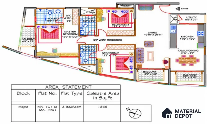 Modern 3BHK apartment floor plan with open living, dining, kitchen, and multiple balconies