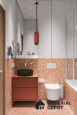 Modern bathroom with terracotta terrazzo tiles and matte terracotta vanity