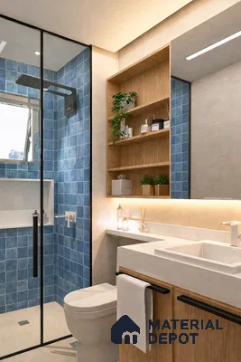Modern bathroom with blue square wall tiles, light wood laminate vanity, and beige floor tiles