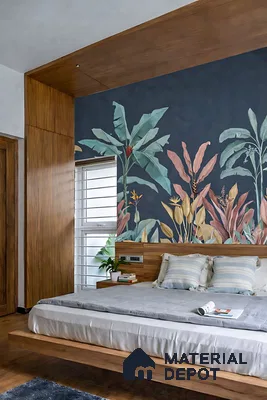 Modern bedroom with tropical wallpaper accent and walnut wood laminate