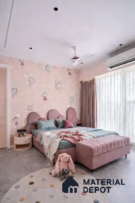 Modern kids room with pastel pink cartoon wallpaper, blush pink suede upholstered bed, and grey concrete floor