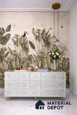 Eclectic bedroom with tropical wallpaper, patterned bone inlay dresser, and white marble floor tile
