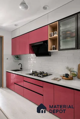 Modern kitchen with high gloss pink and white laminate, white quartz countertop, and white subway backsplash tiles