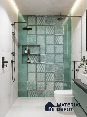 Modern bathroom with patterned green wall tiles and matte white floor tiles