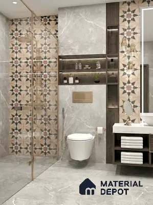 Modern bathroom with grey marble-look tiles and geometric patterned highlighter wall tiles