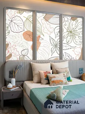 Modern bedroom with pastel floral wallpaper accent and upholstered headboard