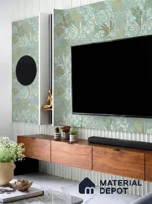 Modern TV unit with floral wallpaper, walnut wood laminate, and fluted white wall panels