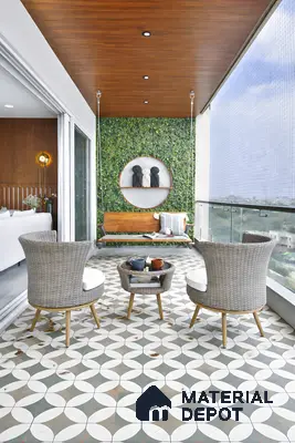 Modern balcony with geometric patterned floor tiles, wooden ceiling, and artificial green wall