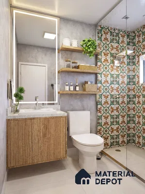 Modern bathroom with patterned moroccan wall tiles, concrete finish wall tiles, and wood laminate vanity
