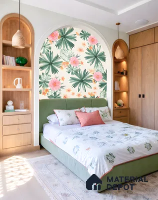 Scandinavian bedroom with floral wallpaper, natural wood wardrobe, and sage green upholstered bed