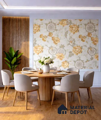 Modern dining room with floral wallpaper, wooden louver panel, and light oak wooden flooring