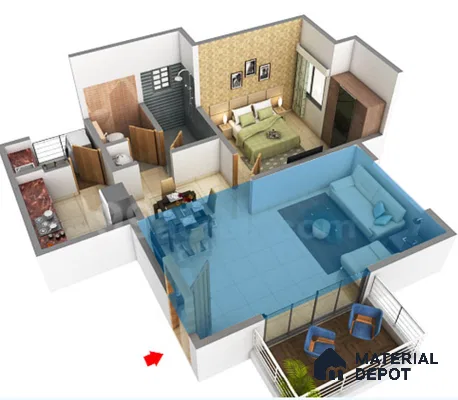 Modern living room with white tile flooring, L-shaped sofa, and glass balcony doors