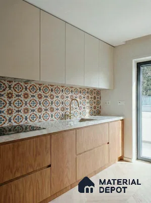 Scandinavian kitchen with patterned moroccan backsplash tile, white laminate, and light oak wood laminate cabinets