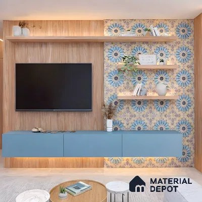 Modern TV unit with blue matte laminate, oak wood laminate, and blue geometric moroccan patterned wall tile