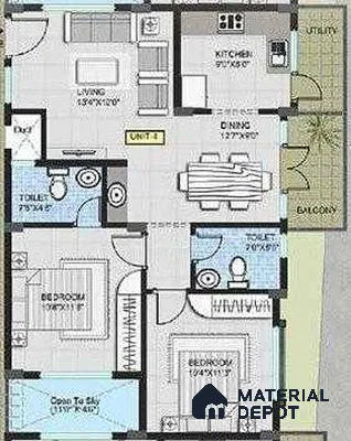 Modern apartment floor plan with open living, dining, kitchen, bedrooms, and balcony layout