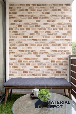 Scandinavian balcony with beige brick wall tiles and wooden bench seating