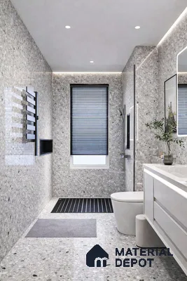Modern bathroom with grey terrazzo wall and floor tiles and white vanity