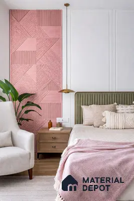 Scandinavian bedroom with blush pink fluted wall panel, olive green upholstered headboard, and light wood flooring