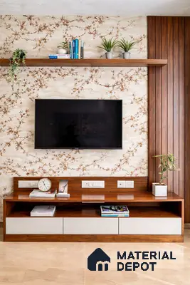 Modern TV unit with floral wallpaper, walnut wood laminate, and vertical wooden louvers
