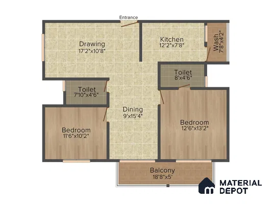 Modern apartment floor plan with beige ceramic tiles and wood-look flooring