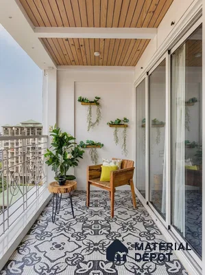 Scandinavian balcony with patterned black-and-white mosaic floor tiles and natural wood ceiling