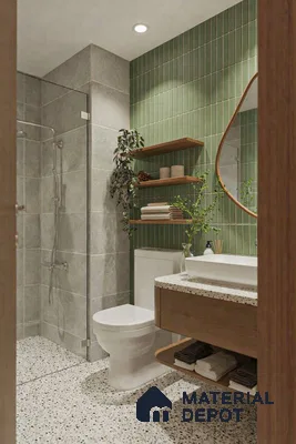 Scandinavian bathroom with green kitkat wall tiles, terrazzo countertop and floor, and wood vanity
