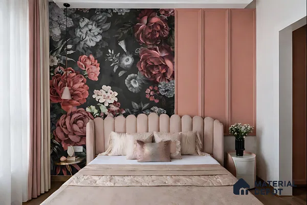 Art Deco bedroom with floral wallpaper, blush pink suede upholstered bed, and pastel wall panels