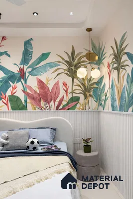 Eclectic kids bedroom with tropical wallpaper and white wainscoting panels