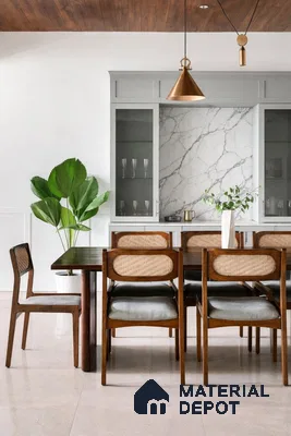 Mid-century modern dining room with marble backsplash, wooden cane chairs, and beige floor tiles