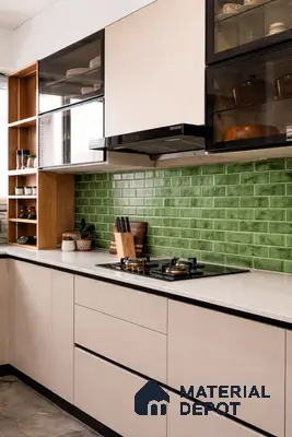 Modern kitchen with sage green subway backsplash tile, frosty white laminate cabinets, and white quartz countertop