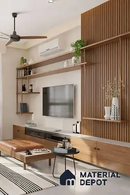 Scandinavian living room with oak wood laminate TV unit, fluted wood wall panels, and white marble top