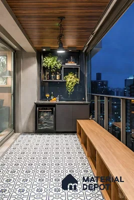 Modern balcony with patterned black-and-white floor tiles, wooden ceiling panels, and light oak bench seating in 3 BHK apartment Hilife Triflora Gunjur Road Bengaluru