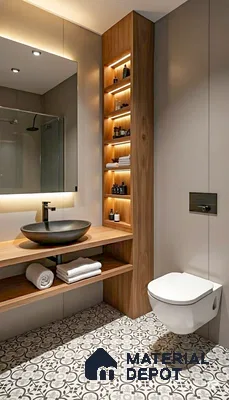 Modern bathroom with patterned black-and-white floor tiles and natural wood laminate vanity in 3 BHK apartment Hilife Triflora Gunjur Road Bengaluru