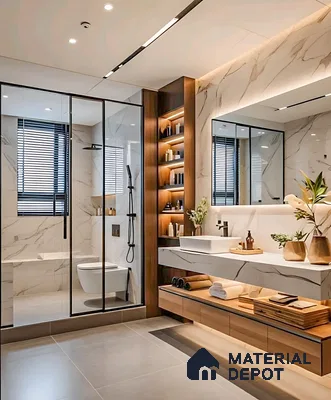Modern bathroom with white marble-look wall tiles, wood laminate vanity, and large format grey floor tiles in 3 BHK apartment Hilife Triflora Gunjur Road Bengaluru