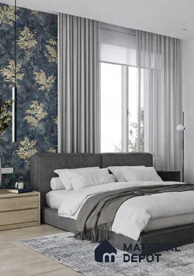 Modern bedroom with floral wallpaper accent wall, grey suede upholstered bed, and light wood flooring in 3 BHK apartment Hilife Triflora Gunjur Road Bengaluru