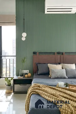 Scandinavian bedroom with sage green fluted wall panels and suede upholstered bed in 3 BHK apartment Hilife Triflora Gunjur Road Bengaluru