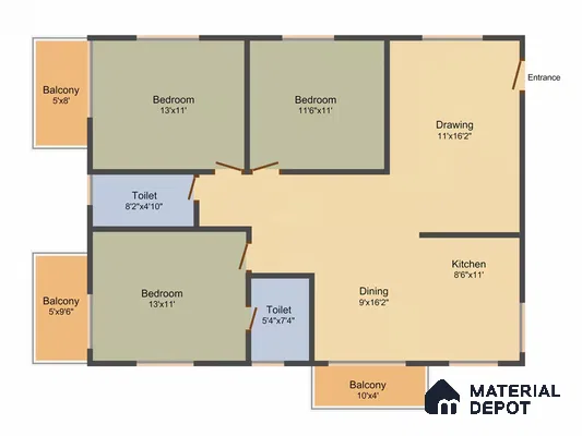 Modern 3BHK apartment floor plan with kitchen, dining, bedrooms, balconies, and toilets in 3 BHK apartment Hilife Triflora Gunjur Road Bengaluru