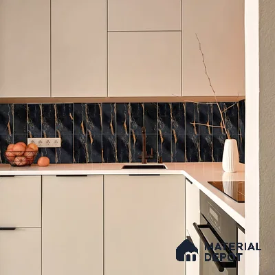Modern kitchen with beige laminate cabinets, white quartz countertop, and black marble-look fluted backsplash tiles in 3 BHK apartment Hilife Triflora Gunjur Road Bengaluru